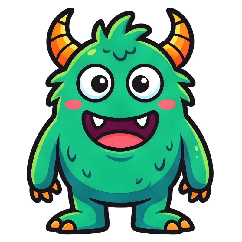 Kawaii Green Monster Character with Big Eyes and Horns