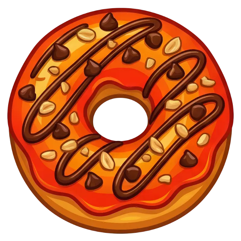 Cartoon Donut with Orange Icing, Chocolate Chips and Peanuts