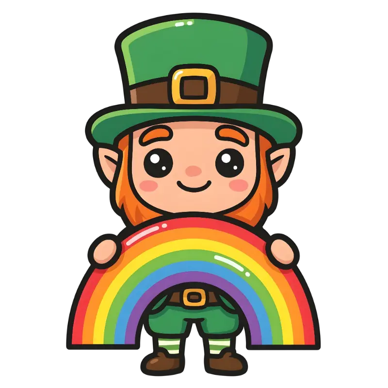 Playful Cartoon St Patricks Day Leprechaun Holding Rainbow