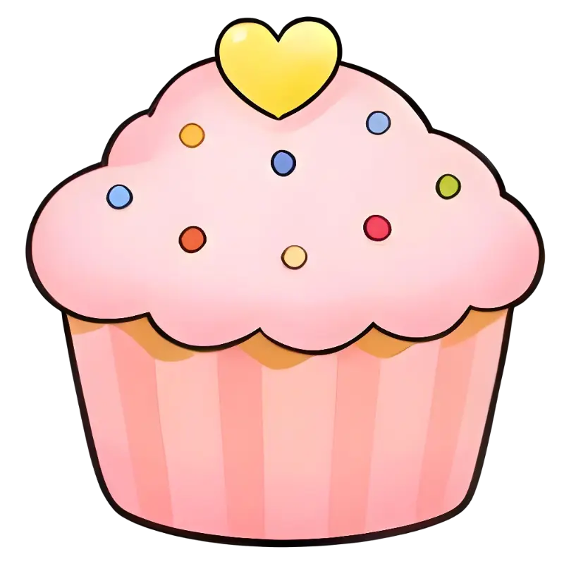 Cute Cartoon Cupcake Illustration with Pink Frosting and Yellow Heart