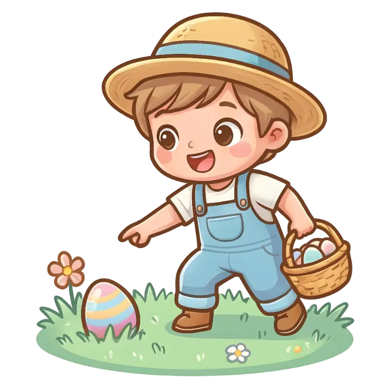 Cute Chibi Boy in Straw Hat and Overalls on Easter Egg Hunt