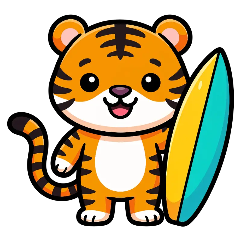 Cute Cartoon Tiger with Surfboard and Open Mouth Smile