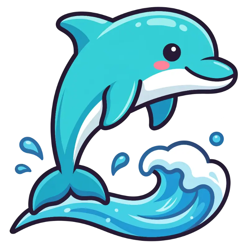 Cute Cartoon Dolphin Leaping from Stylized Ocean Wave
