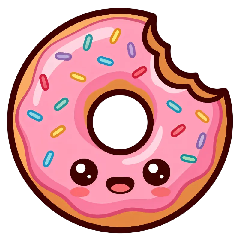 Cartoon Bitten Donut with Cute Kawaii Face and Sprinkles