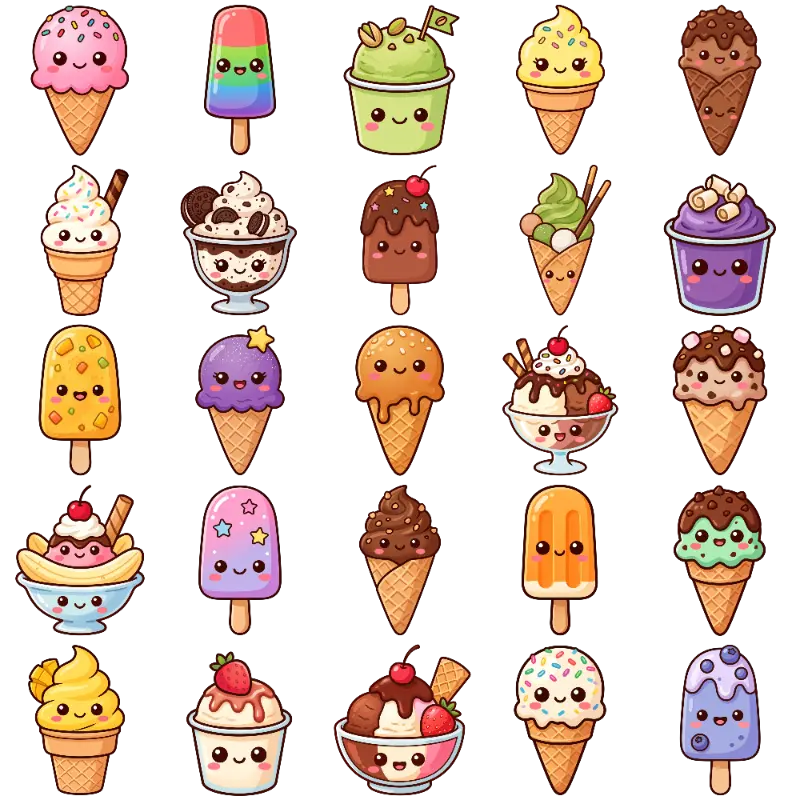 Kawaii Happy Ice Cream and Popsicle Characters