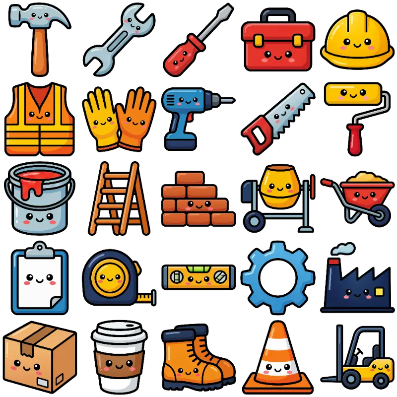 Simple Kawaii Construction Vehicle and Tool Set