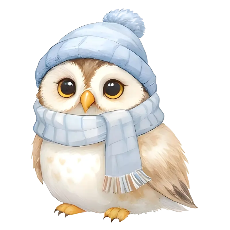 Watercolor Chibi Winter Owl Illustration, Cozy Character