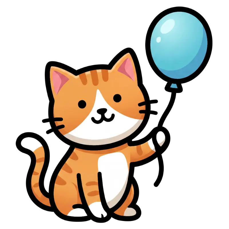 Kawaii Striped Cat Character Holding a Light Blue Balloon