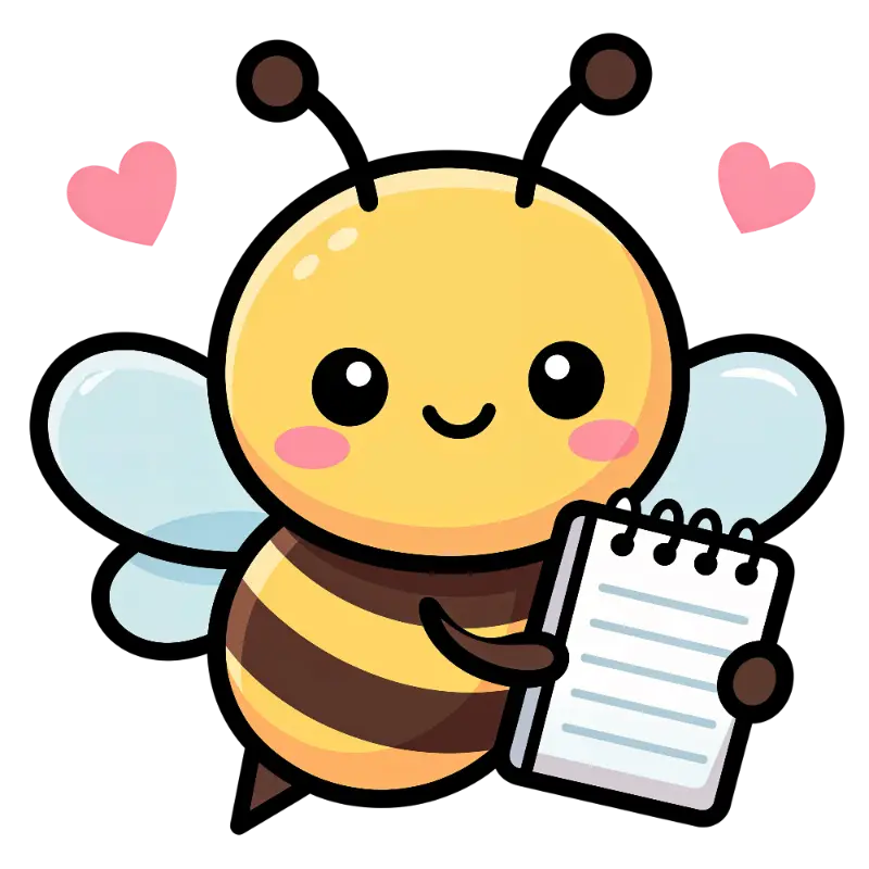 Kawaii Cute Bee Character Holding Notebook with Floating Hearts