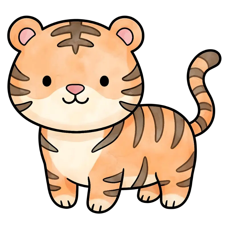 Kawaii Watercolor Tiger with Thick Outlines and Pink Nose