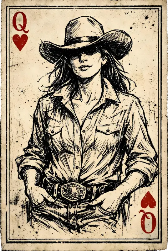 Classic Engraving Style Cowgirl Queen Playing Card Design