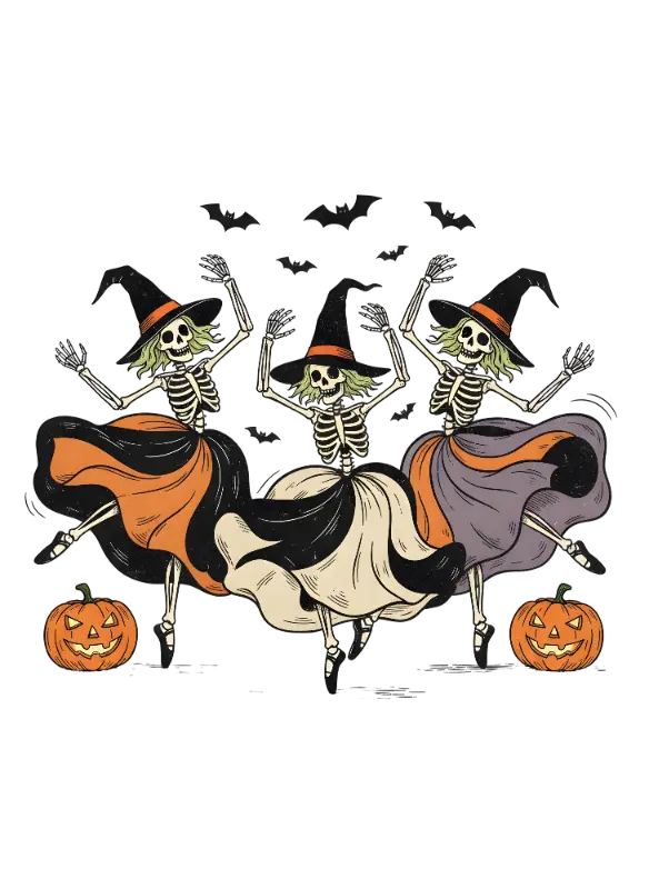 Vintage Distressed Dancing Skeleton Witches Halloween Graphic