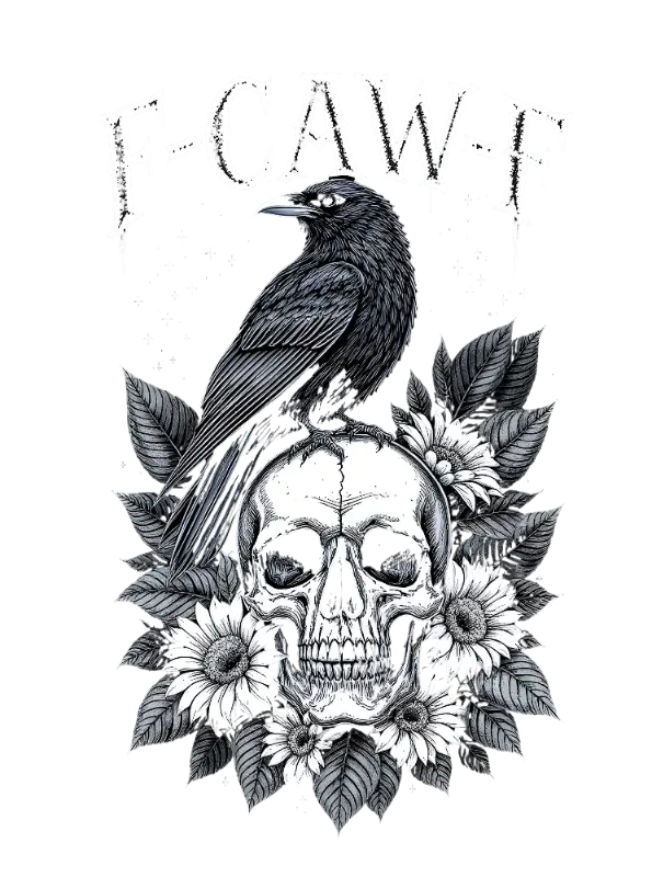 Gothic Engraving Raven Skull with Flowers T-shirt Design, Distressed 'CAW' Text