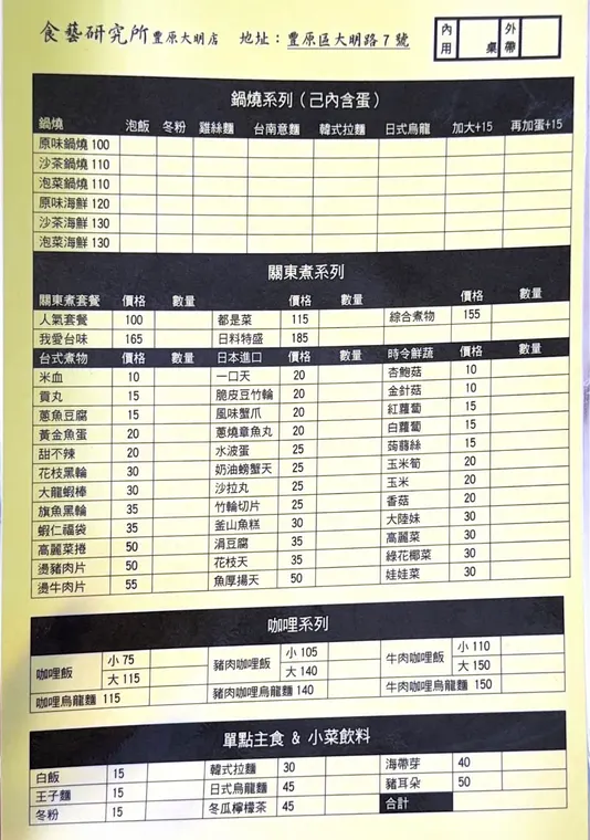 食藝研究所 豐原大明店 最新菜單照片