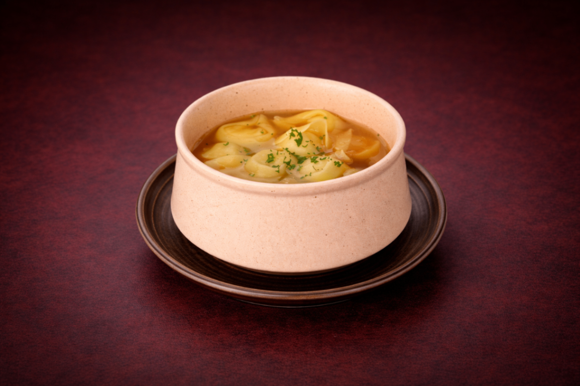 義式起司餃佐牛清湯（Tortellini Soup）｜1884 Taipei 主廚湯品，NT$ 280・義式蕈菇餃浸潤於清澈牛高湯中，湯頭純淨鮮美，口感溫潤細膩，呈現簡約卻經典的義式風味。

