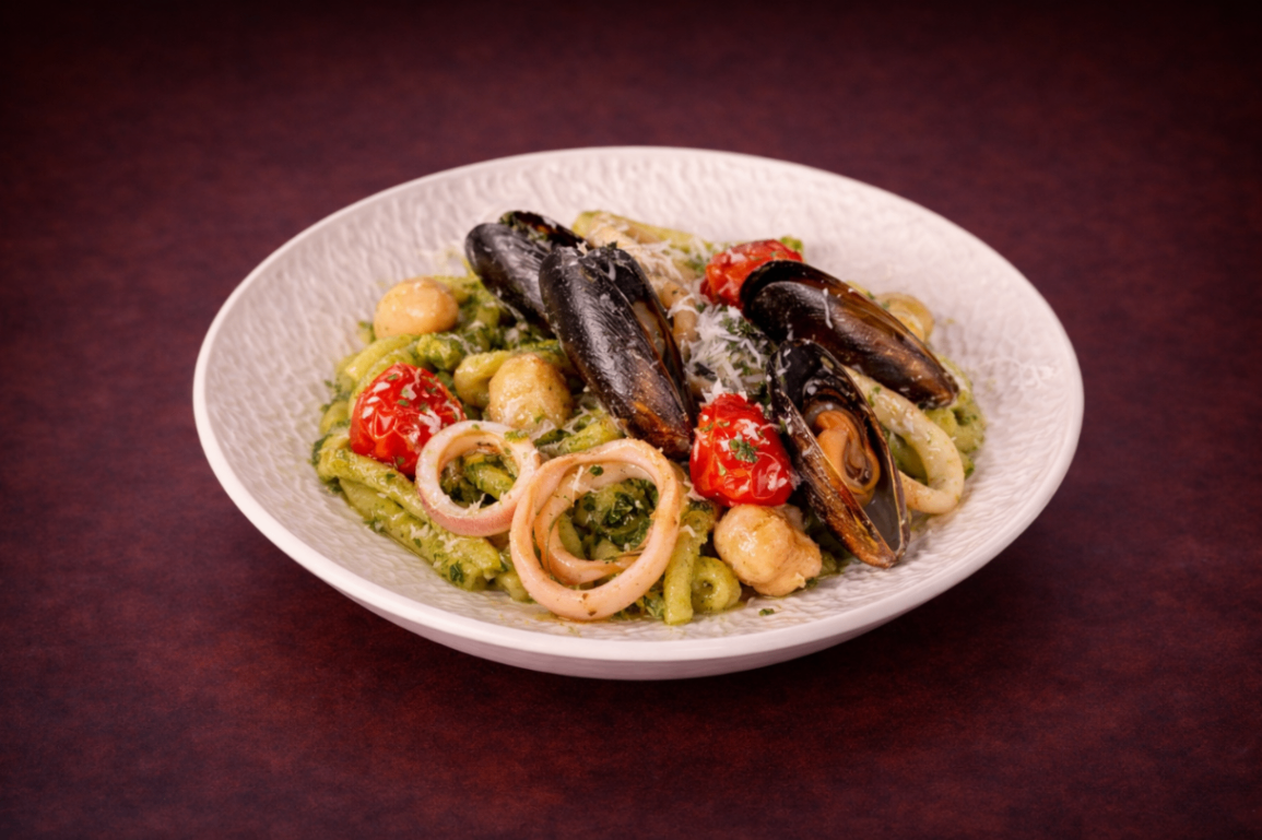 海鮮 羅勒青醬麻花麵（Seafood Pasta Cassarecce）｜1884 Taipei 義式澱粉精選，NT$ 250・新鮮中卷、小干貝與淡菜結合羅勒青醬與帕瑪森起司，海味鮮甜與香草氣息完美融合。

過敏原: 海鮮 , 核桃類 , 麩質
