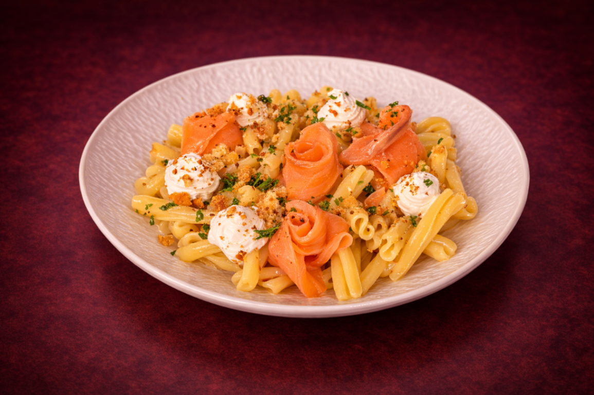 鮭魚檸檬奶油麻花麵（Salmon Lemon Cream Sauce Cassarecce）｜1884 Taipei 義式澱粉精選，NT$ 280・煙燻鮭魚融合檸檬奶油白醬，佐以酸豆與蒜香提味，口感清新滑順、酸香平衡。

過敏原: 海鮮 , 蛋奶類 , 核桃類 , 麩質