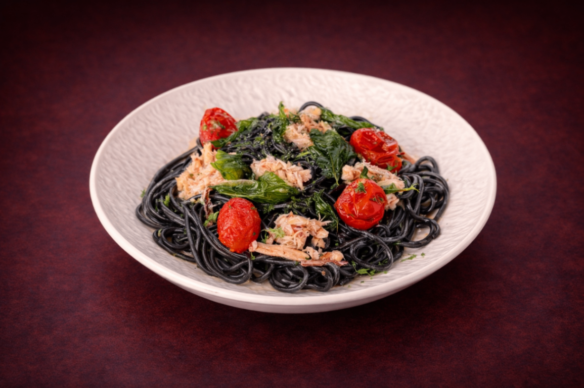 香濃蟹膏奶油墨魚麵（Crab Cream Sauce Squid Ink Pasta）｜1884 Taipei 義式澱粉精選，NT$ 330・濃郁蟹肉奶油醬融合鮮甜藍鑽蟹肉，口感滑順細膩，佐以烤番茄平衡風味，鮮香迷人。

過敏原: 海鮮 , 蛋奶類 , 麩質
