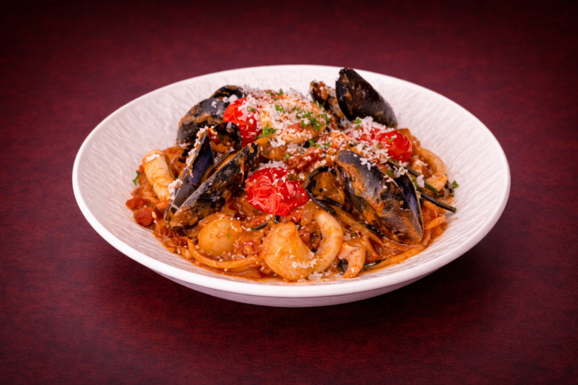 漁夫風番茄海鮮義大利麵（Seafood Tomato Pasta）｜1884 Taipei 義式澱粉精選，NT$ 250・墨魚麵吸附濃郁番茄紅醬，結合中卷、小干貝與淡菜的鮮甜海味，層次豐富、風味飽滿，呈現道地漁夫風情。

過敏原: 海鮮 , 麩質