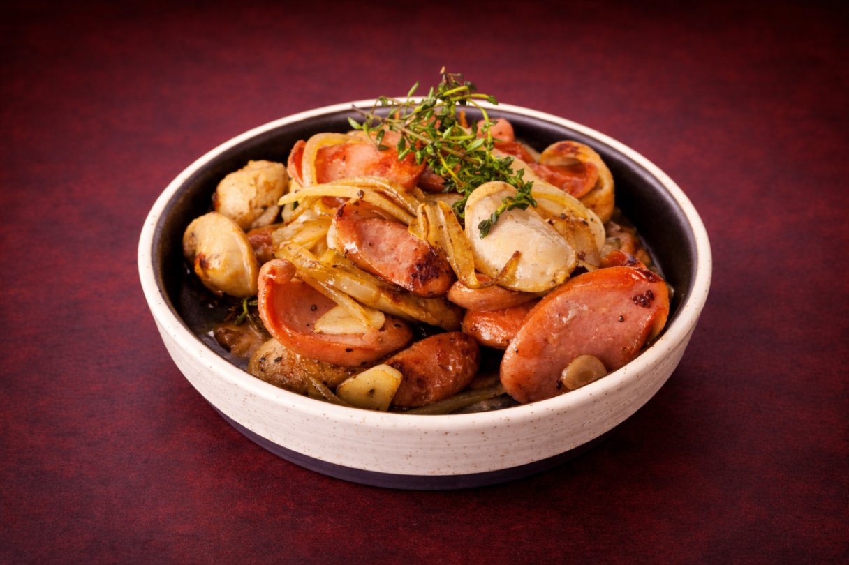 白酒蒜炒三味香腸（Three-Flavor Sausages with Garlic and White Wine）｜1884 Taipei 開胃菜，NT$ 250・嚴選三種風味香腸，以新鮮蒜片爆香，加入白酒提味拌炒，酒香與蒜香交織，襯托香腸的鹹香與微甜層次，風味濃郁、口感豐富，是一道下酒又開胃的經典熱炒。

過敏原: 奶類

