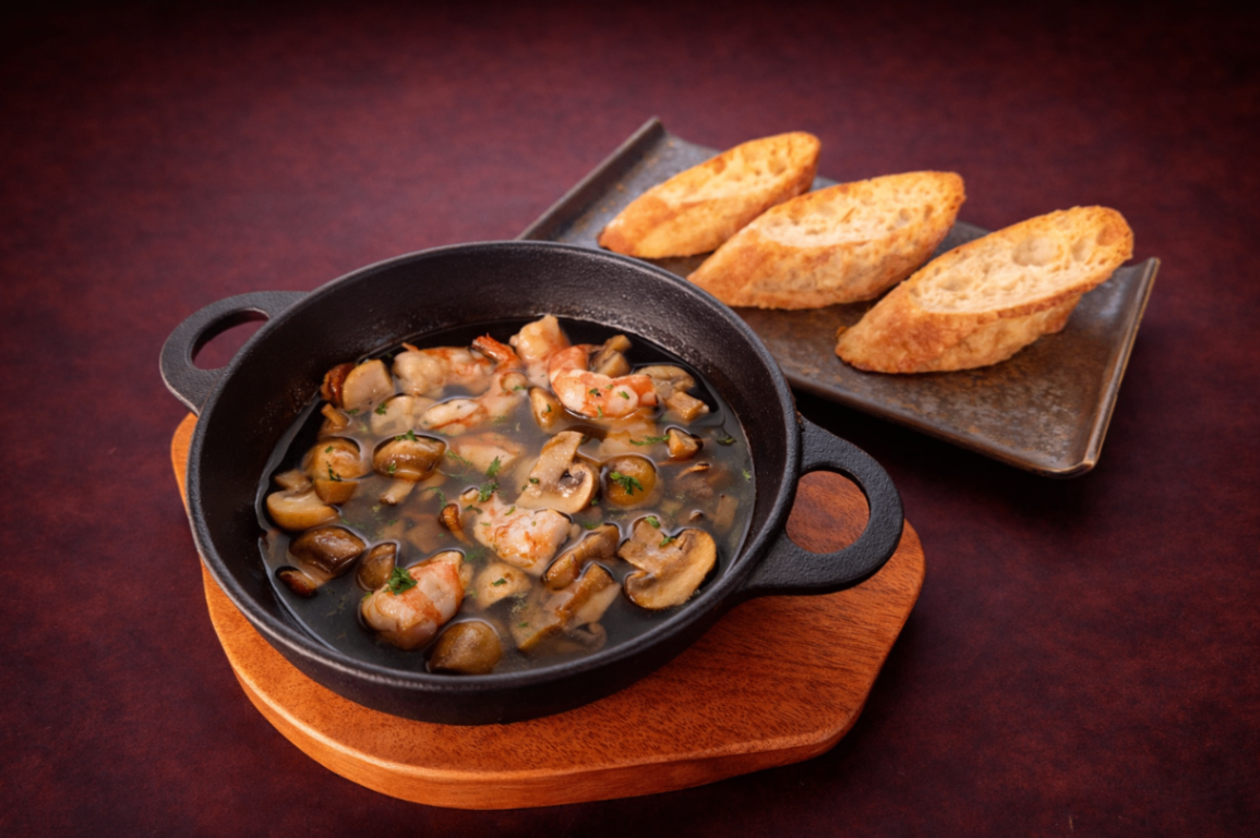 西班牙蒜味橄欖油鮮蝦蘑菇（Shrimp and Mushroom Ajillo）｜1884 Taipei 開胃菜，NT$ 350・橄欖油與蒜香慢火釋放香氣，鮮蝦與蘑菇交織出地中海風味。

過敏原: 海鮮, 麩質
