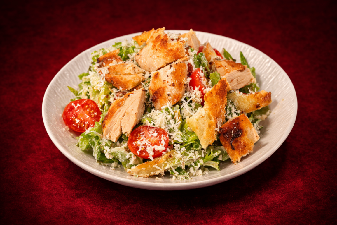 嫩煎雞肉經典凱薩沙拉（Chicken Caesar Salad）｜1884 Taipei 沙拉，NT$ 280・水嫩的雞胸肉鋪於爽脆生菜上，搭配帕瑪森起司與凱薩醬，經典不敗的美味。

過敏原: 蛋奶類 , 海鮮 , 麩質

