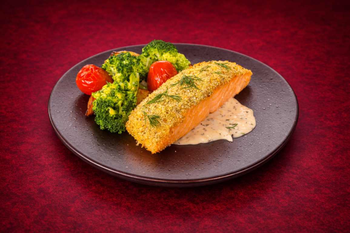 香草麵包粉鮭魚佐塔塔醬（Herb Bread Crumbs Salmon with Tartare Sauce）｜1884 Taipei 主食，NT$ 380・嚴選鮭魚菲力覆上香料麵包粉酥烤至金黃酥脆，外酥內嫩、口感細緻。搭配主廚特製塔塔醬與蒜味奶油青花菜，清爽不膩。

過敏原: 海鮮 , 蛋奶類