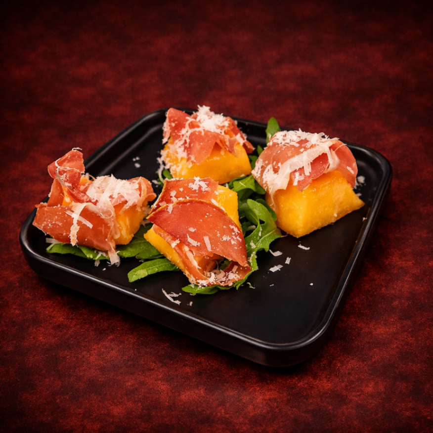 蜜瓜搭西班牙伊比利生火腿（Melon with Iberian Ham）｜1884 Taipei 開胃菜，NT$ 300・熟成伊比利火腿鹹香濃郁，搭配清甜蜜瓜，展現經典鹹甜對比

過名媛: 奶類

