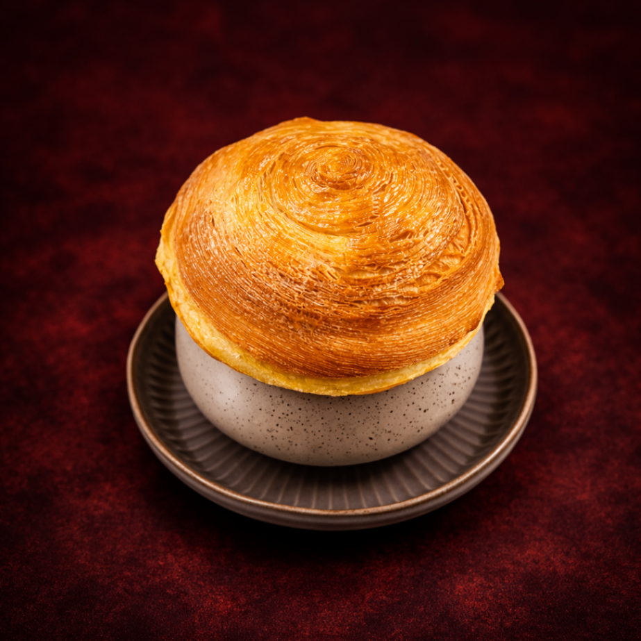 焗烤酥皮法式濃洋蔥湯（French Onion Soup）｜1884 Taipei 主廚湯品，NT$ 250・焦糖洋蔥經長時間拌炒釋放天然甜味，搭配濃郁牛高湯，上層覆蓋丹麥酥皮焗烤至金黃酥脆，香氣濃厚。


過敏原: 奶類