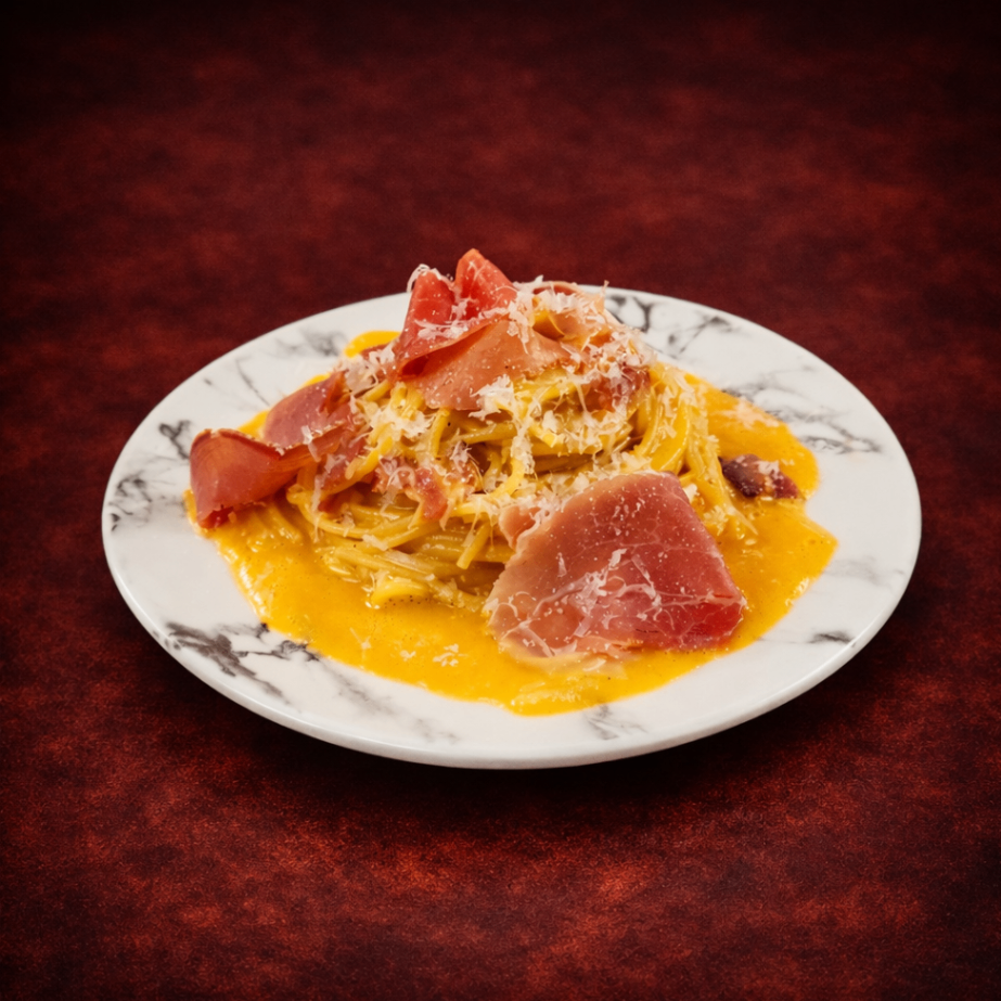 帕瑪森火腿經典卡邦尼義大利麵（Carbonara with Prosciutto ）｜1884 Taipei 義式澱粉精選，NT$ 300・濃郁奶香白醬結合生火腿鹹香，拌入有機蛋黃與帕瑪森起司，滑順濃厚、經典迷人。

過敏原: 蛋奶類 , 麩質