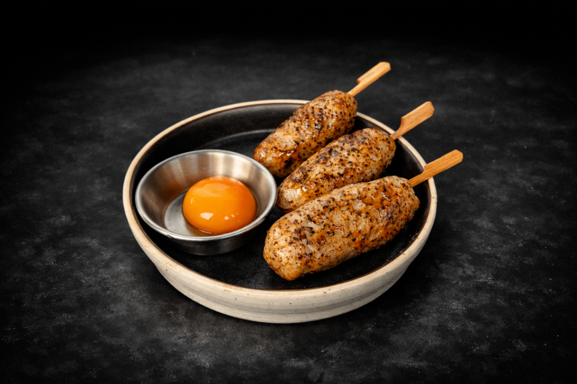 月見手作雞肉棒（Egg Yolk Yakitori）｜Club One Taipei 一品料理，NT$210・手打雞肉串外烤微焦，搭配濃醇蛋黃，滑順濃香。

過敏原: 蛋類 , 豆 , 麩質