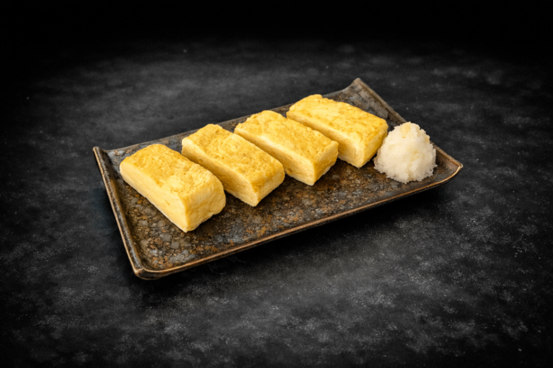 厚燒玉子（Tamagoyaki）｜Club One Taipei 一品料理，NT$200・層層堆疊的日式厚燒玉子，香甜柔嫩。

過敏原: 蛋 , 海鮮