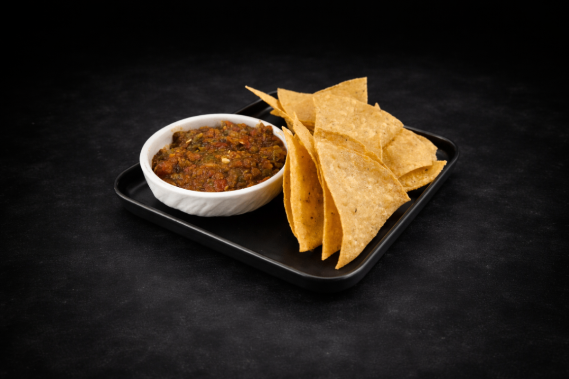 酥脆玉米片佐鮮番茄莎莎醬（Nachos with Salsa）｜Club One Taipei 深夜時段 (1:30最後加點)，NT$150・現炸玉米片香脆爽口，搭配手作鮮番茄莎莎醬，清新酸香平衡酥脆口感。
