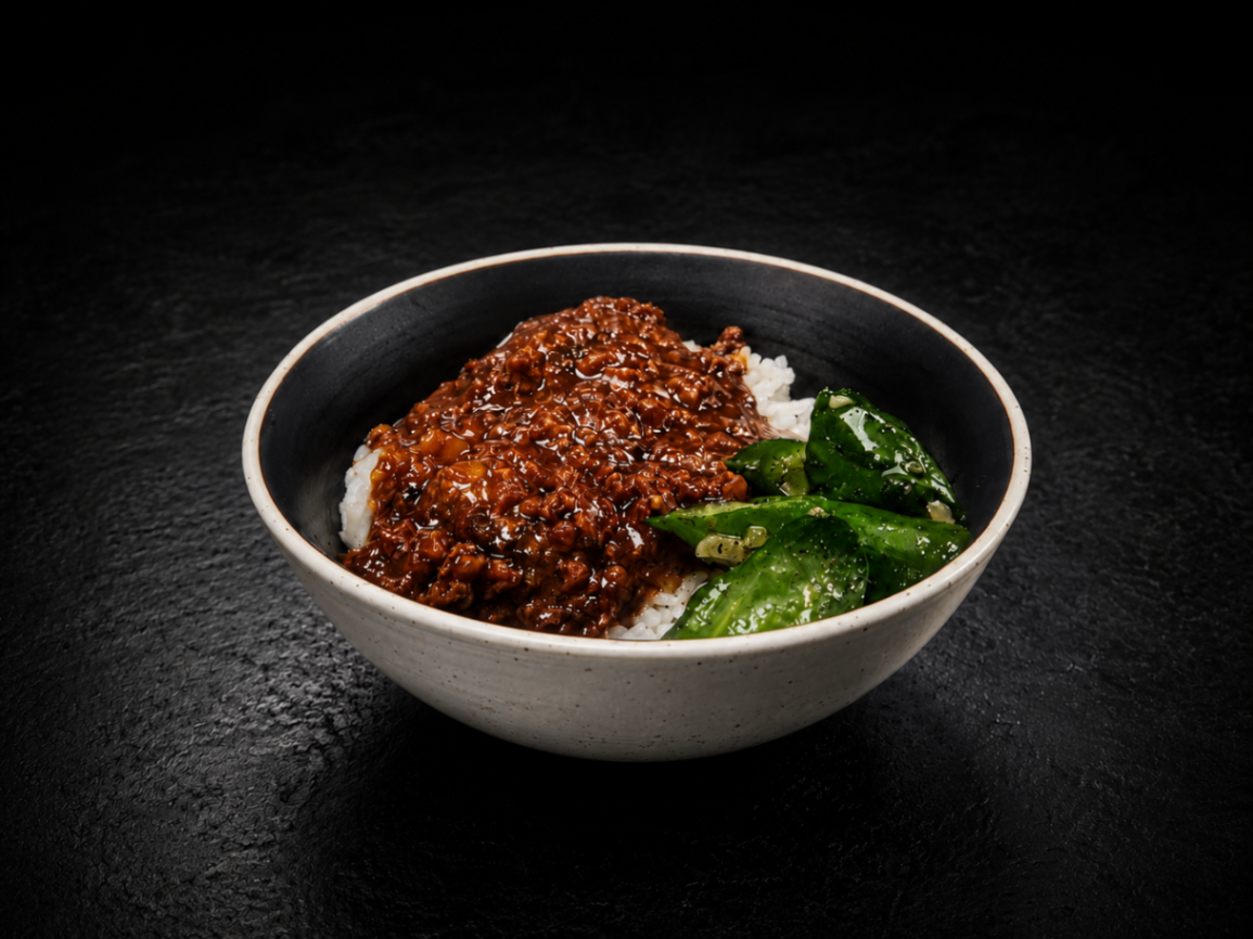 滷肉飯（Briased Pork Rice）｜Club One Taipei 深夜時段 (1:30最後加點)，NT$150・熱騰騰白飯淋上慢火燉煮的滷肉醬，醬香濃郁、鹹甜平衡，油潤卻不膩，是最道地、最熟悉的台灣家常滋味。