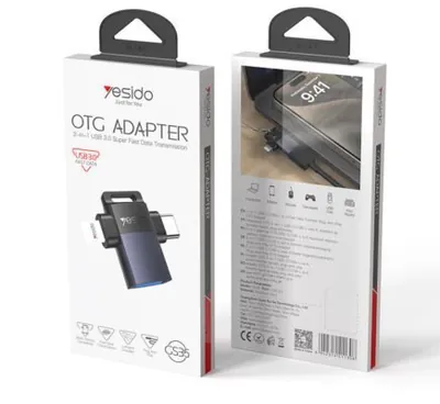 מתאם טעינה Yesido GS35 2 ב‑1 מ‑USB 3.0 נקבה ל‑Type‑C / 8‑Pin זכר