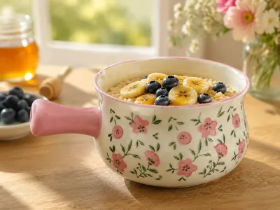 Soup bowl with handle and floral pattern