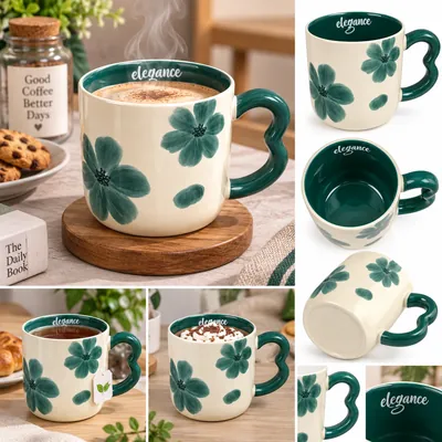 Decorated ceramic mug with heart-shaped handle