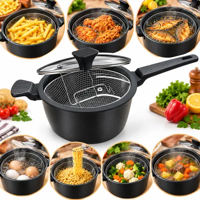 Granite pot with frying rack and glass lid