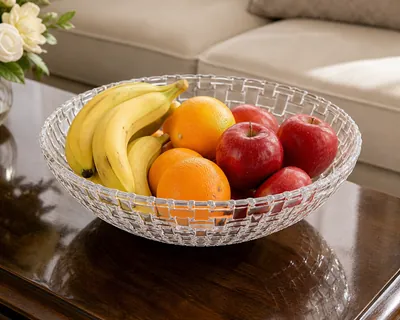 Transparent round bowl with square pattern design