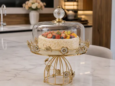 Cake stand with glass dome and gold base