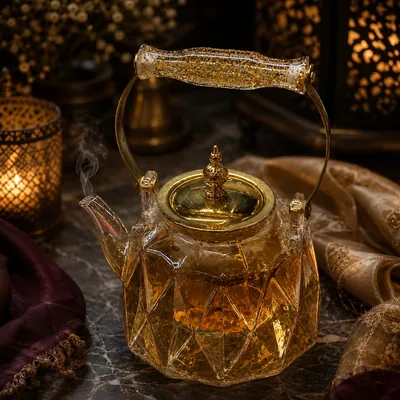 Glass tea pot with a golden lid