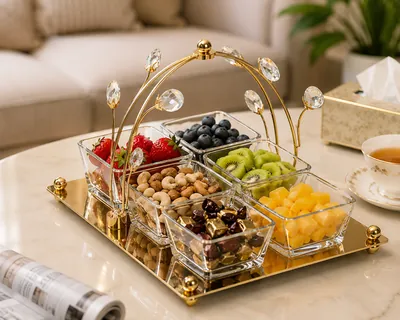 Glass serving set with gold stand and crystal