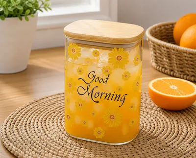 Glass jar with printed wooden lid