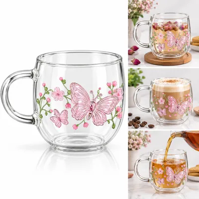 Glass mug with flowers and butterflies