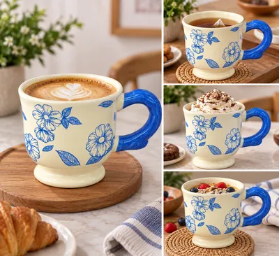 Ceramic cup with colored handle and floral design