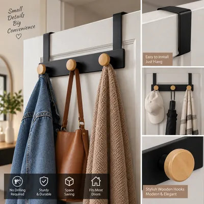 Over-the-door hook with wooden knobs