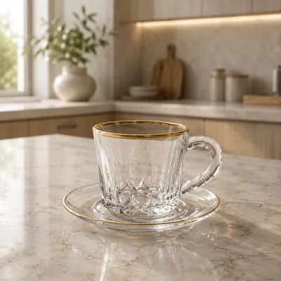 Glass cups and saucers set with gold rim