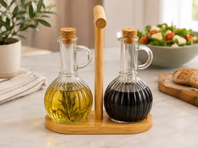 Oil cruet set with wooden stand