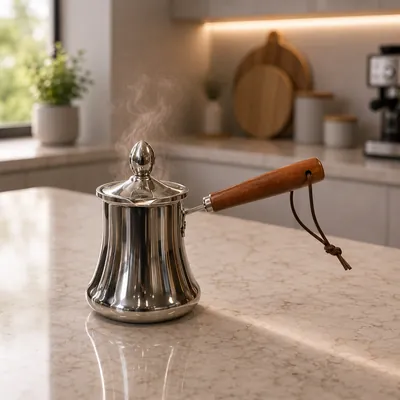 Coffee kettle with wooden handle and lid