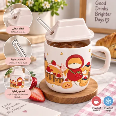 Ceramic mug with lid and straw